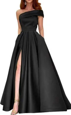 Ladies' One Shoulder Satin Woman Female Evening Dresses Birthday Party, Fluffy Dress, Green Slit Sexy  Multi Color Off Shoulder