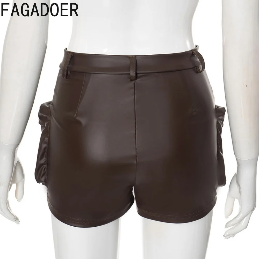 FAGADOER Fashion PU Leather Pocket Irregular Cargo Shorts Women High Waist Button Design Slim Shorts Female Solid Color Bottoms