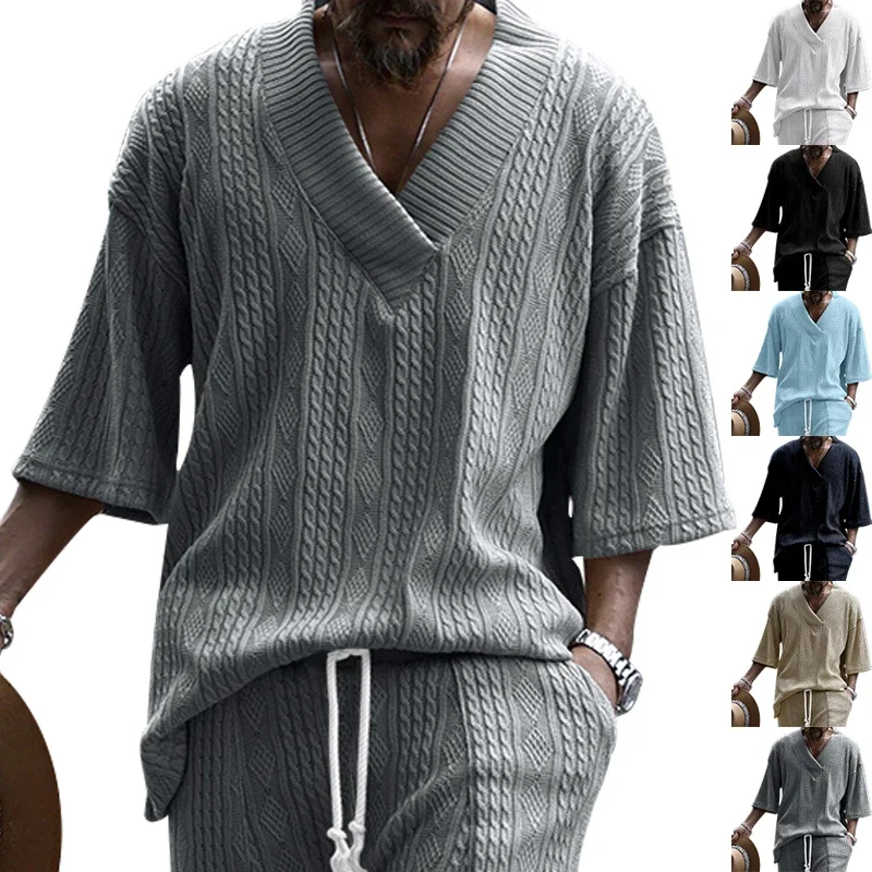 

Pop Summer High Quality T-shirt For Men Comfortable Cotton Japanese And Korean Style Loose V-neck Seven-point Sleeve Sweater
