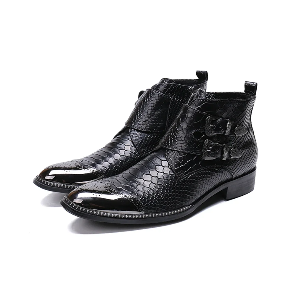 

Black Patent With Metal Buckle Leather High Heels Pointed Toe Boots Male Plus Size Party Business British Style Dress Shoes