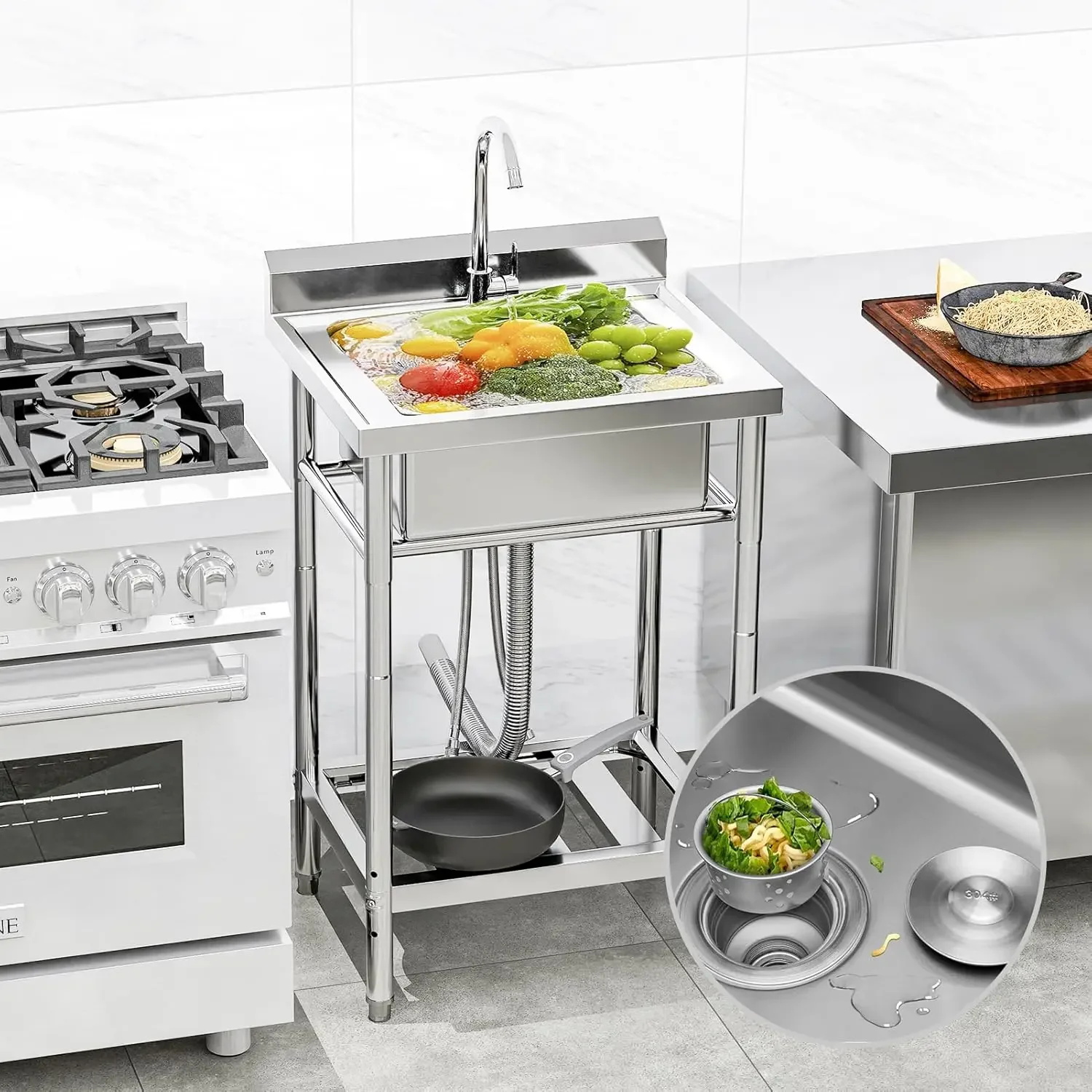 Stainless Steel Utility Sink, 22'' Free Standing Single Bowl Kitchen Sink with Cold and Hot Water Pipe, Indoor and Outdoor for L