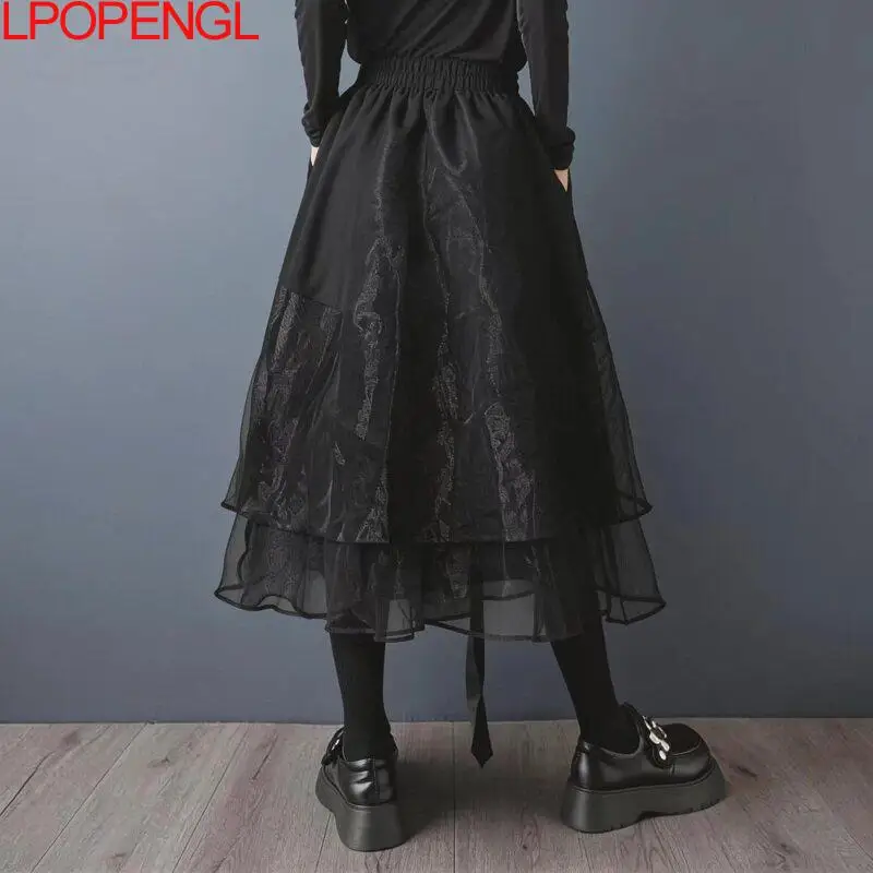 New Summer Personalized Solid Color Multi-layer Irregular Organza Side Drawstring Pleat Fashion Elastic Waist Loose A-line Skirt