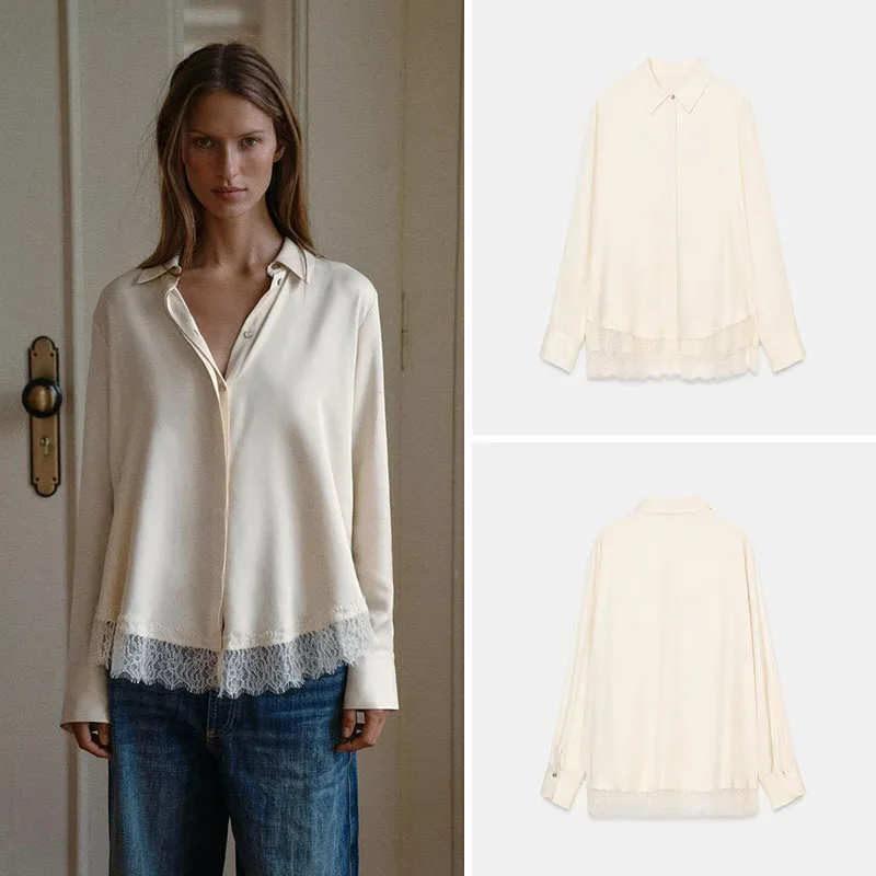 

Весенняя новинка: женская повседневная блузка с длинным рукавом из шелковистого атласа, универсальная, с кружевными вставками, из качественной ткани, идеально подходит для возраста 8-25 лет.