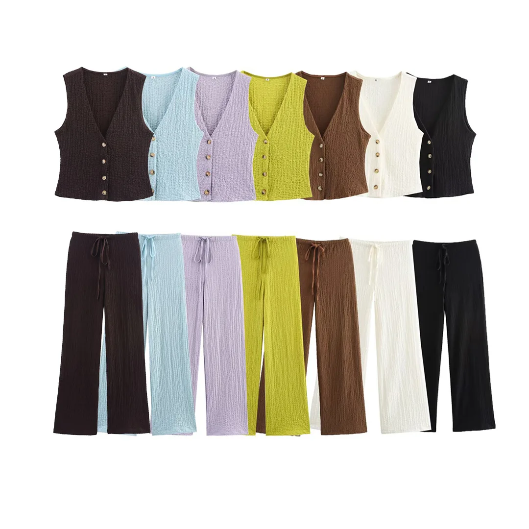

Autumn Women 2 Pcs Long Pant Set V-Neck Single Breasted Solid Texture Casual Vest Top+High-Waisted Drawstring Wide Leg Pants