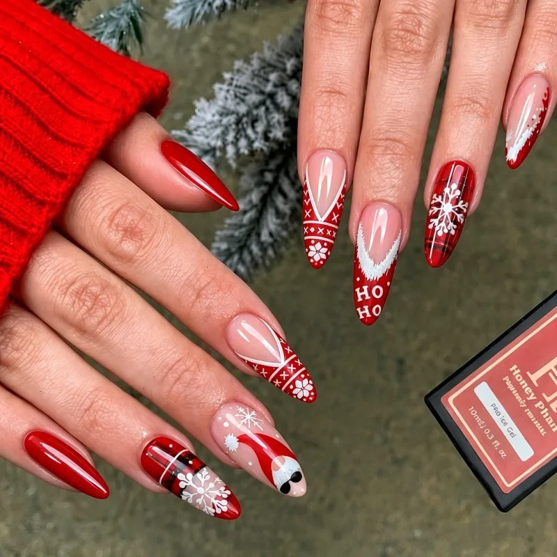 24Pcs Press-On Nails Warm Red Diamond Pattern Almond Shape Snowflake Christmas Hat and Checkered Designs—Perfect for Women