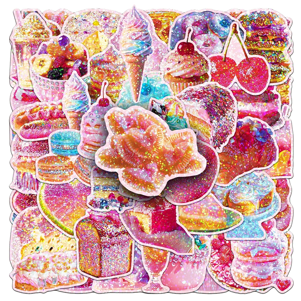 10/30/50pcs Cute Laser Style Dessert Stickers Aesthetic Cake Graffiti Stickers DIY Luggage Phone Diary Cartoon Sticker Wholesale
