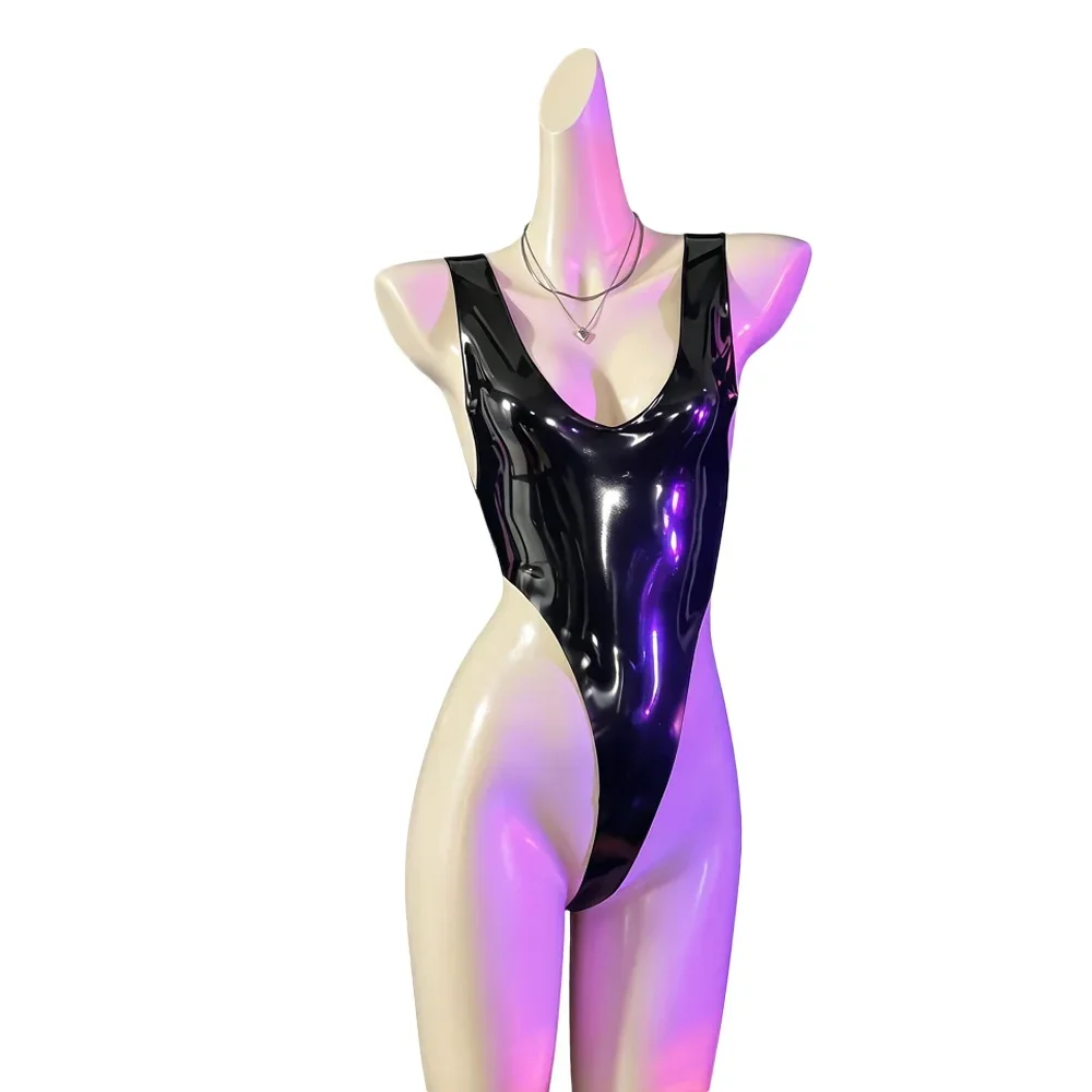 Women Latex PU Bodysuit PVC Double Sides Catsuit Elastic Tights One-Pieces Thong Maid Leotard Teddy Lingerie Stage Costume