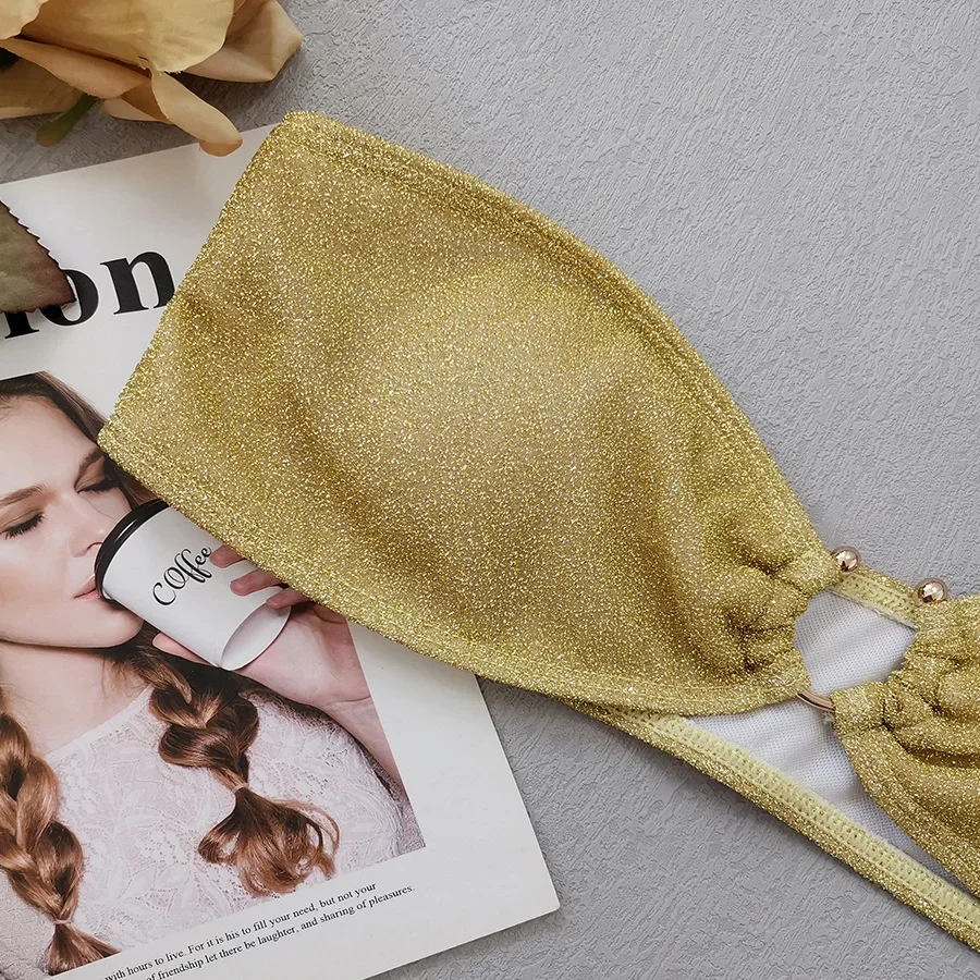 Sexy Gold-Glitzer-Bandeau-Bikini-Sets, zweiteilig, Metallring, Tanga, Badeanzug, Badeanzug, Bademode, Biquini, Bakini, Tankini