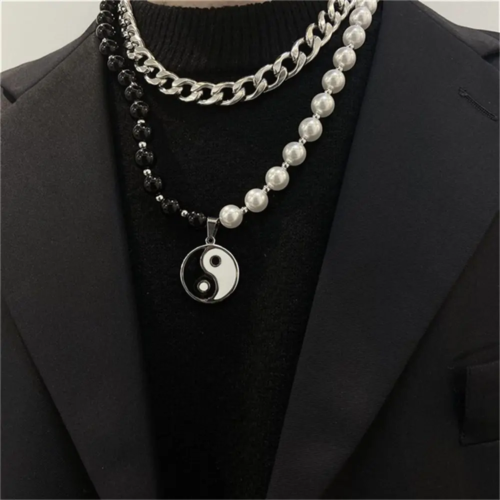 Punk Black White Imitation Pearl Beads Choker Necklace Men Collar Statement Round Chinese Tai Chi Pendants Necklaces Jewelry