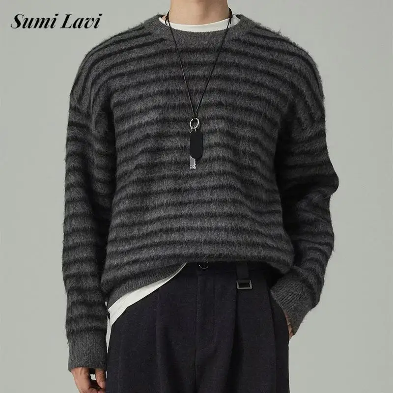 

Fashionable Striped Knit Sweatshirts For Men Autumn Winter Casual Crew Neck Knitted Fleece Pullover Tops Mens Vintage Sweaters