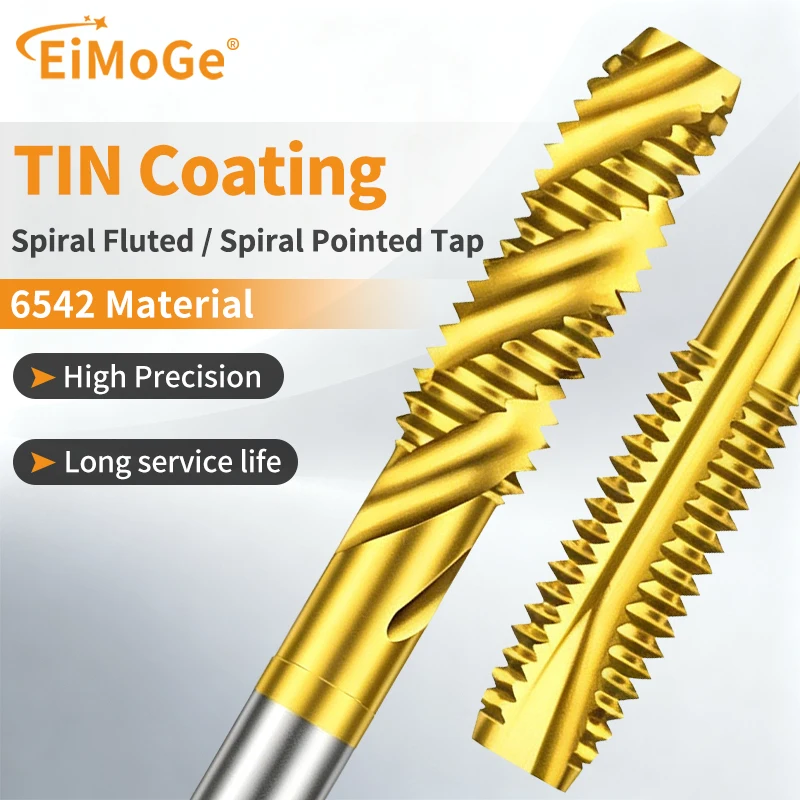 EIMOGE HSS 6542 TiN Coated Spiral Flute & Spiral Point Tap Set, Stainless Steel Machine Taps, Metric Thread Cutting Tools