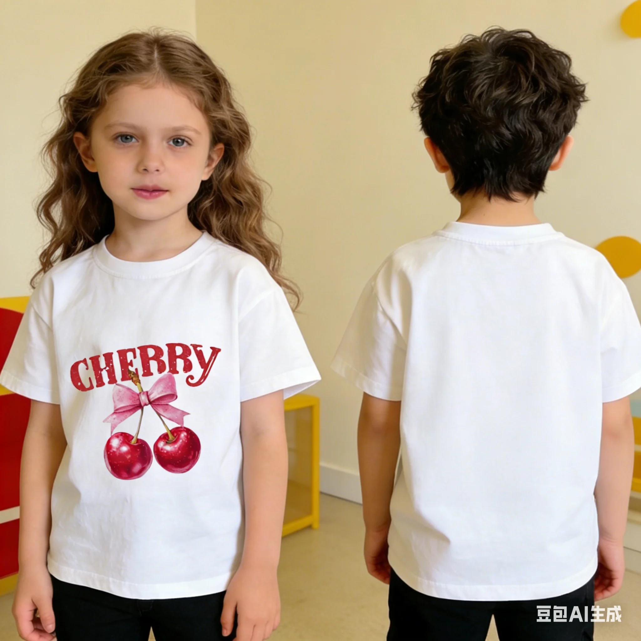 Cute Cherry Print Loose Kids Short Sleeve T-Shirt Cotton Soft Machine Washable for Outdoor Sports Daily Play