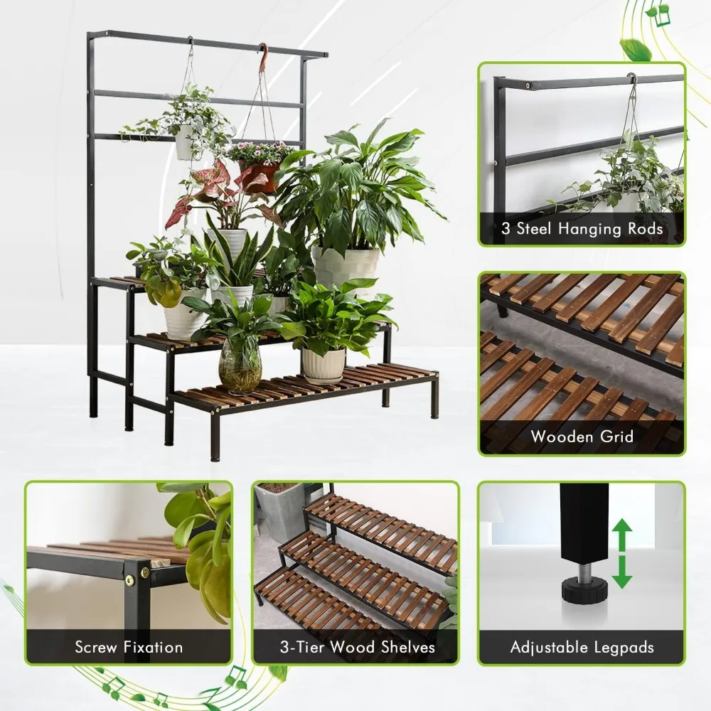 Étagère pour plantes en acier et bois, grand support pour plantes, cadre en métal, rangement de pièce, extérieur et intérieur, 3 niveaux