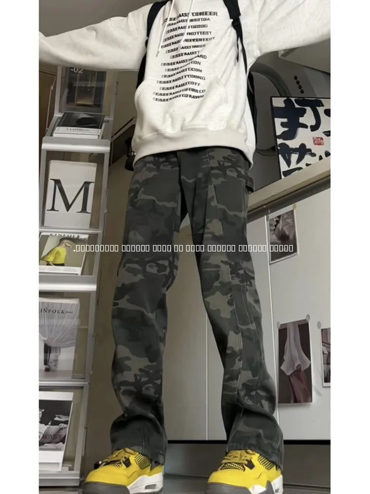 

American Retro Camouflage Men's Jeans High Street Vibe Extended Length Tall Workwear Pants Straight Leg Loose Fit Jeans