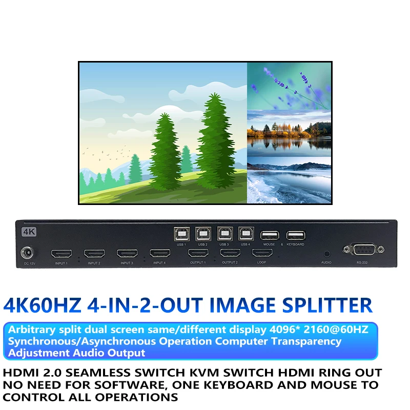 HD KVM Switch 4x1 Quad Multi Viewer 4 in 1 Out KVM HD Processor Screen Multiviewer Seamless for 4 PC Share Mouse Keyboard 4K60