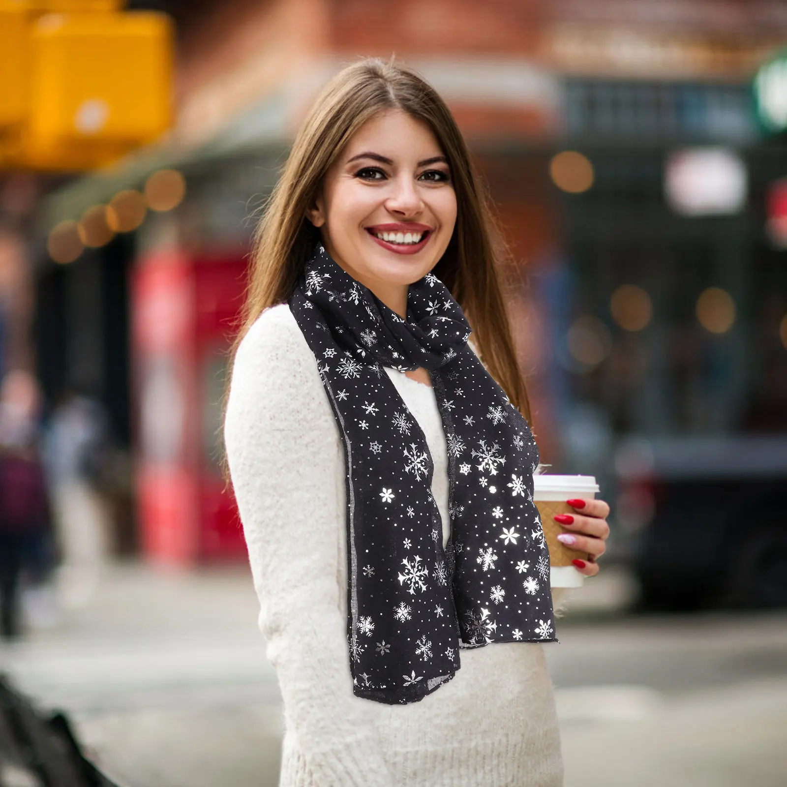 Elegant Xmas Scarf with Snowflake Motif Hot Stamped Delicate Christmas Neckerchief Women's Winter Shawl Fashion Accessory