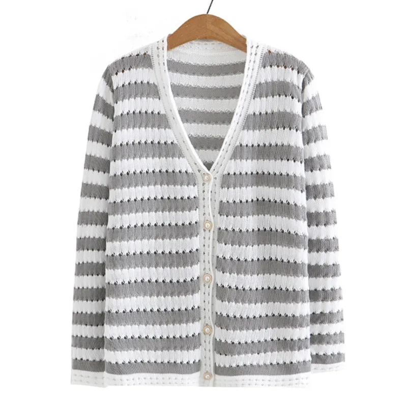 

3XL Plus Size Mercerized Cotton Knit Cardigan Women Autumn Hollow Out V-Neck Jumper Fashion Vintage Stripe Splicing Sweater