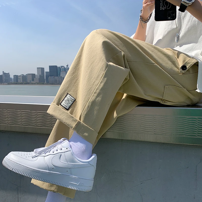 

Летние повседневные рабочие брюки для мужчин в стиле Харадзюку, винтажные, модные, свободные, прямые, широкие, повседневные брюки длиной до щиколотки для молодежи