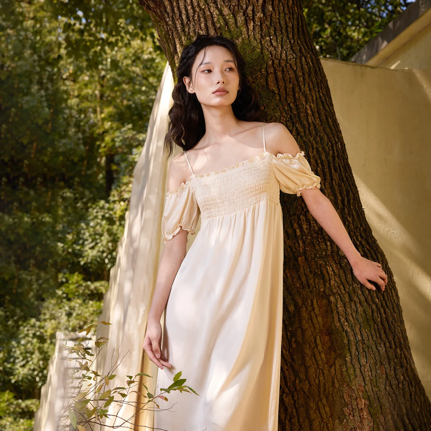 Women 100% Mulberry Silk Nightgown Spaghetti Strap Off Shoulder Puff Sleeve Midi Dress Summer Luxury Silk Sleepwear Loungewear