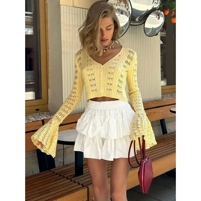 

Knitwear Hollow Out Sweater Cardigan Women V-Neck Long Sleeve See-Through Cropped Top Summer Knit Patchwork Cardigan Top