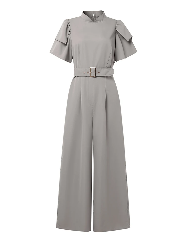 

ZANZEA, летние офисные длинные комбинезоны, элегантный вечерний комбинезон с воротником-стойкой и поясом, модные однотонные повседневные брюки 2025 года с короткими рукавами и рюшами