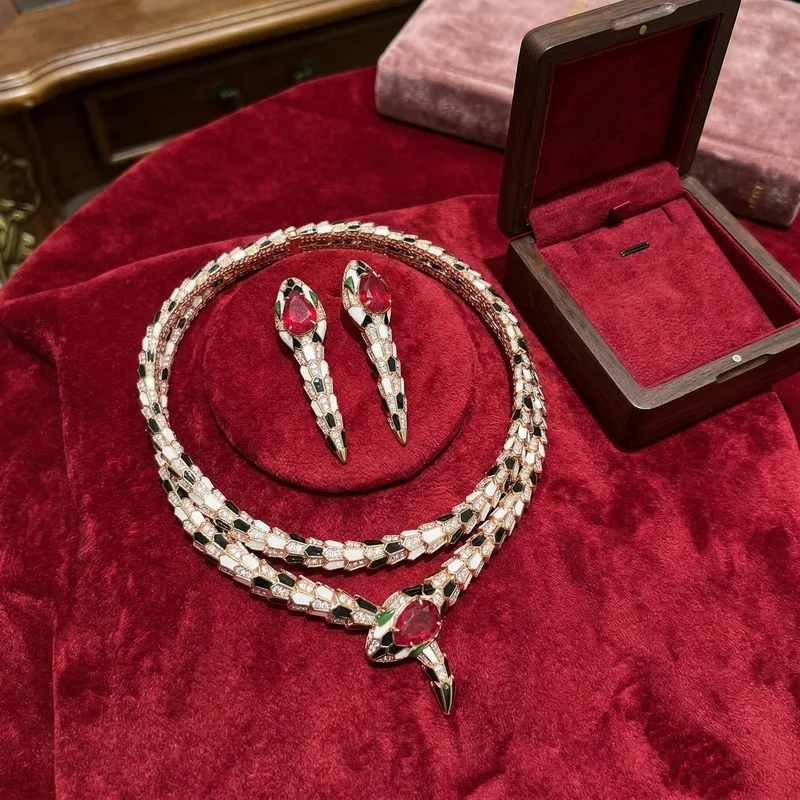 Europe America Style Necklace Earrings Women Lady Inlay Cubic Zircon Synthetic Ruby Enamel Snake Snakelike Choker Jewelry Sets