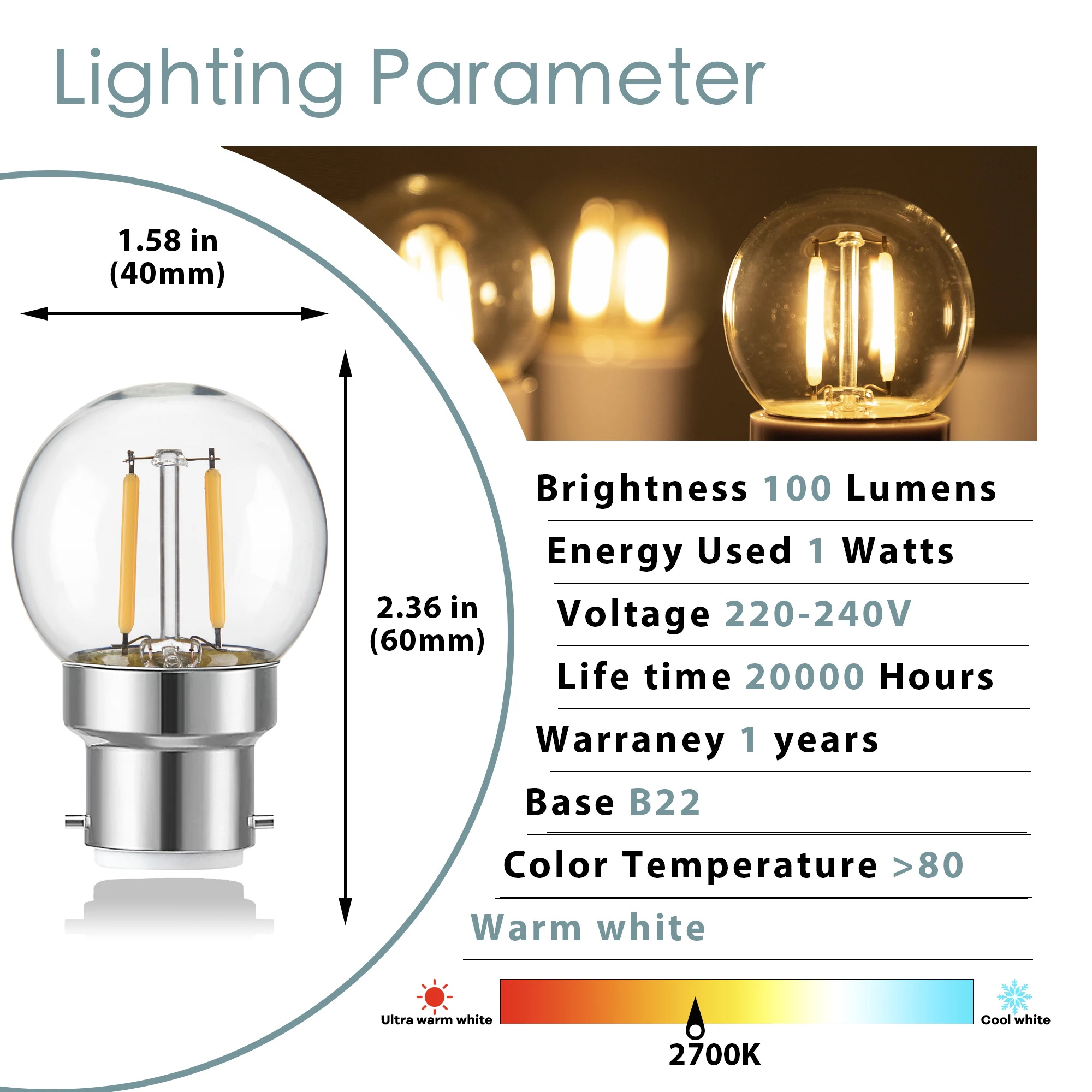 6Pack B22 Golf Ball LED Filament Bulb 1W Bayonet Cap G40 Low Wattage 10W Incandescent Equivalent Dimmable Decorative Light Bulbs