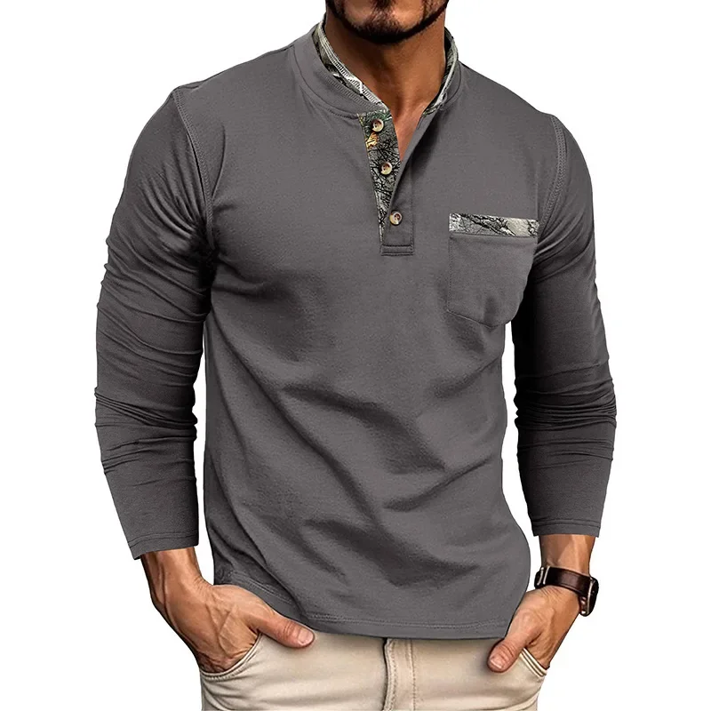 2025 Autumn Winter New Fashion American Men's Printed Spliced Casual Trendy Long Sleeve O-neck Button T-shirts Male Undershirts