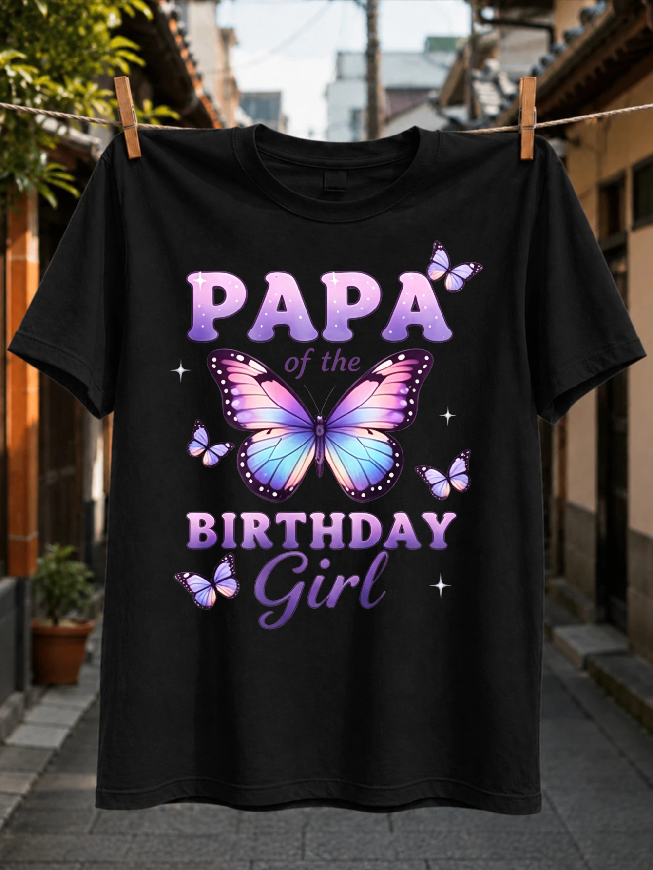Papa of the Birthday Girl Large Purple Blue Butterfly Smaller Butterflies and Sparkles Magical  Unisex All T-Shirt