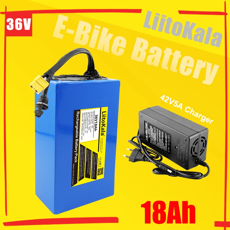 LiitoKala 36V18Ah Electric Bike Battery Built in 20A BMS Lithium Battery Pack 36 Volt with 2A Charge Ebike Battery