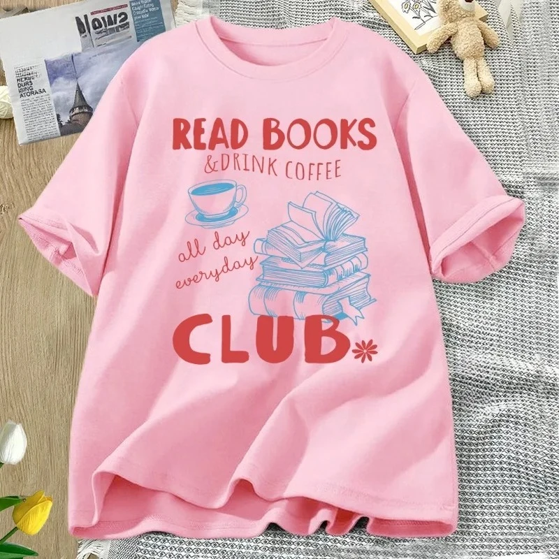 Reading Book and Coffee Club T-shirt Women Casual Short Sleeve Tshirt Clothing Vintage Bookish Tops Graphic Aesthetic Clothes