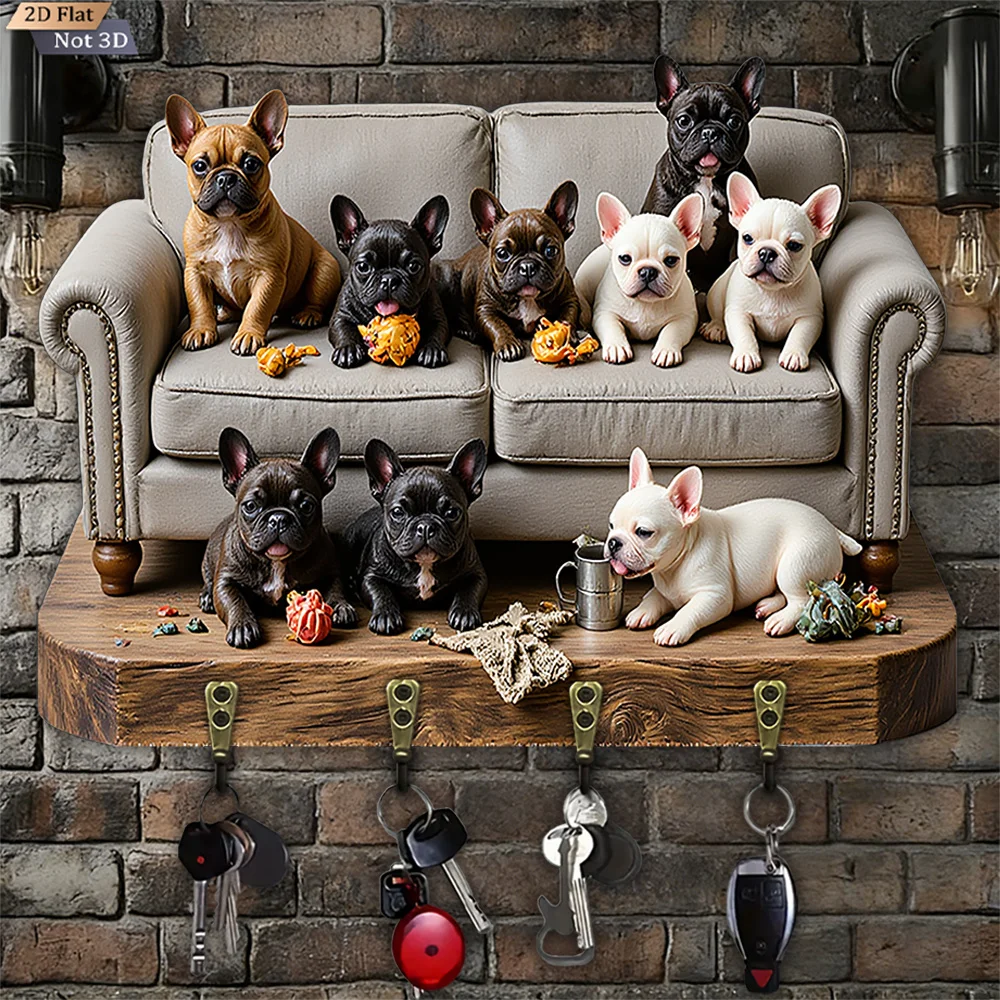 2D Flat, 1pc, French Bulldog Puppy Key Hook, Wooden Multifunctional Home House Key Hook, with Four Metal Hooks, Wall