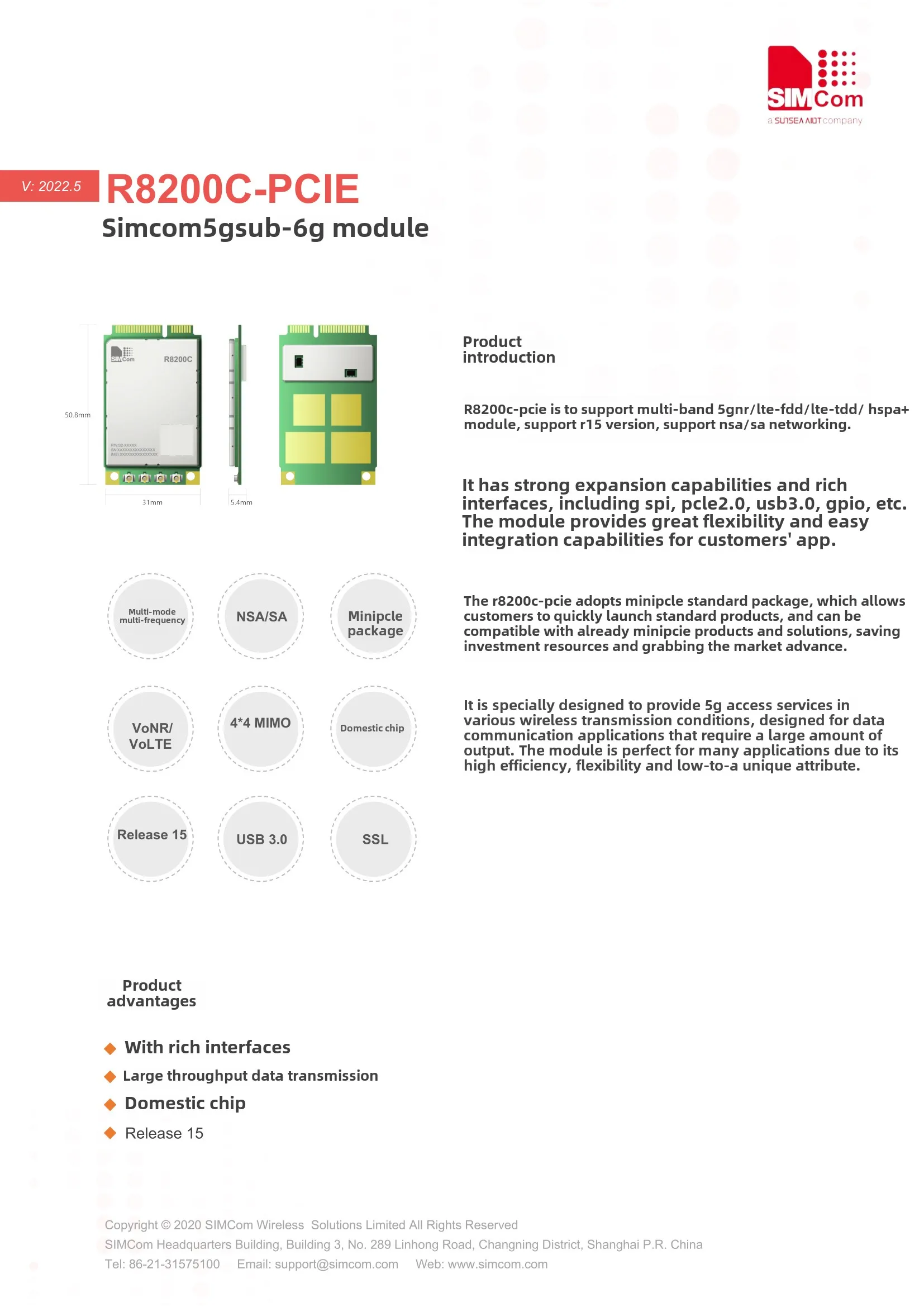 SIMCOM SIMCOM Internet delle cose Modulo di comunicazione 5G Pacchetto R8200C-PCIE Modulo M2 Piattaforma domestica