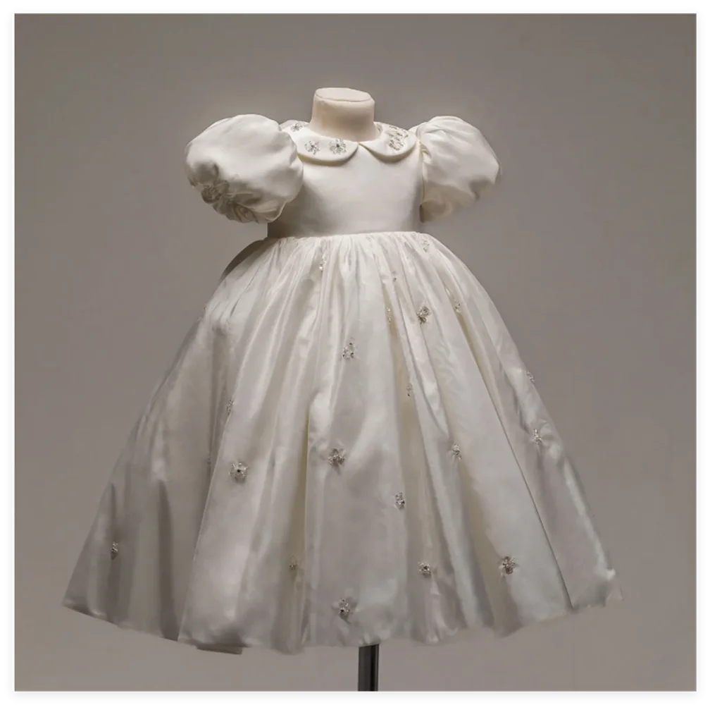 Vestido de niña de flores con cuentas de satén blancas de lujo, con guante, longitud hasta el tobillo, para Princesa, cumpleaños, boda, fiesta de baile