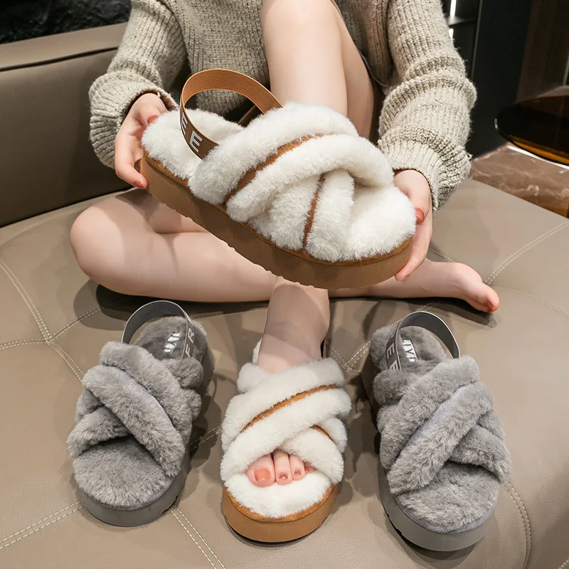 New autumn and winter fluffy cotton slippers with exposed toes for women to wear outdoors, thick soled for indoor home decor
