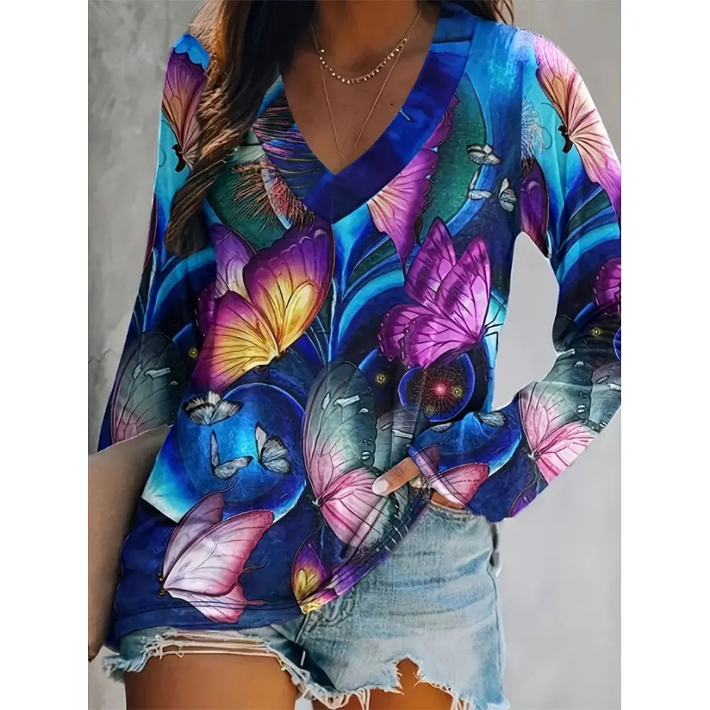 

Autumn Winter Long Sleeves Korean Fashion V-neck T-shirt For Women Floral Print T-shirts Ladies Casual Top Tee Woman Clothes