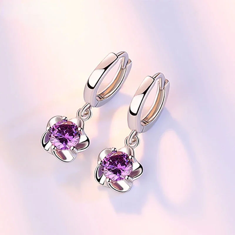 

925 Sterling Silver Earrings Jewelry High Quality Retro Simple Pattern Purple White Zircon Earrings Hot Sale