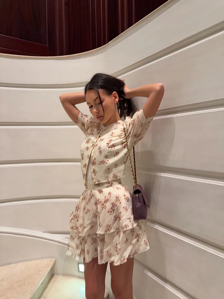 Floral Print Women's Two Piece Set Puff Sleeve Blouse High Waist Ruffle Layered Mini Skirt Suit Lady 2026 Summer Woman Outfit