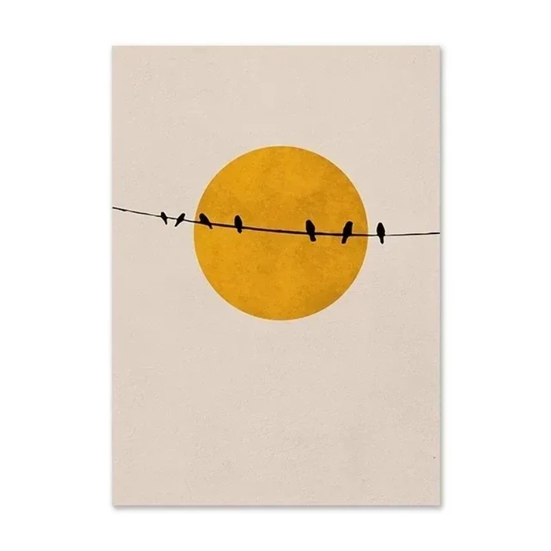 Birds and Sun Thousands of Birds Yellow Trees Abstract Landscape Canvas Painting Wall Art Poster Print for Living Room Home D