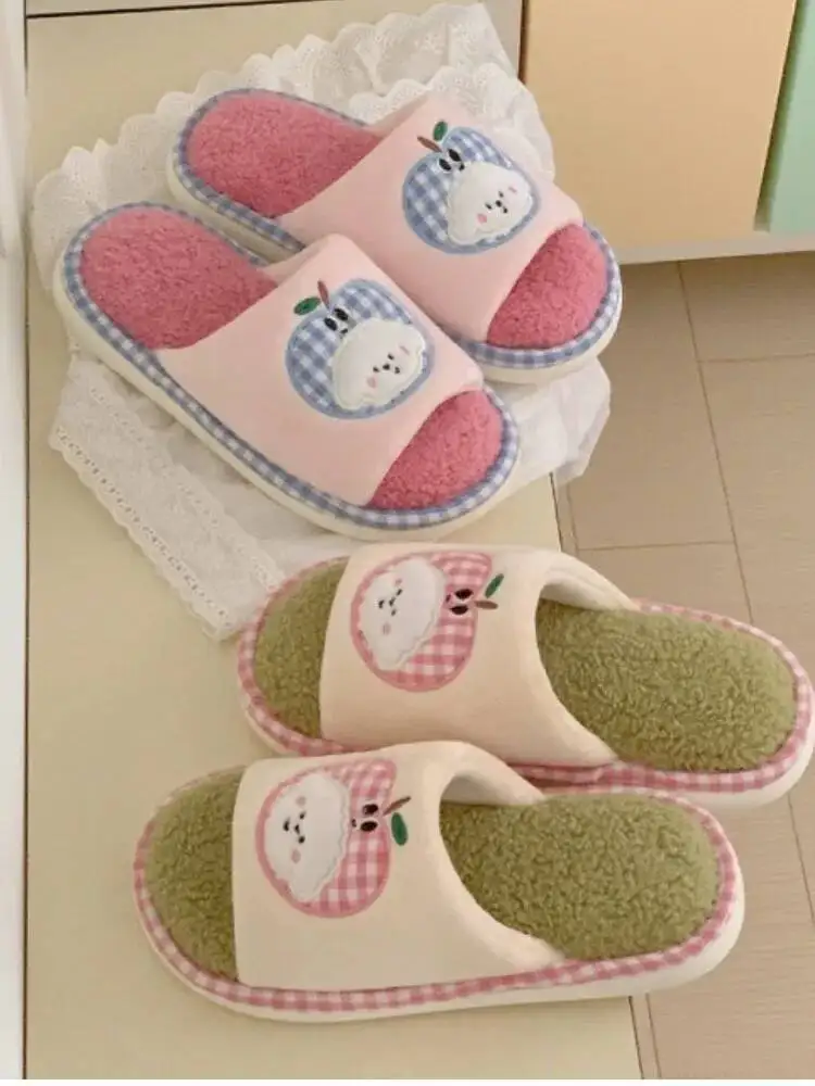 

Cute Apple Dog Plush Home Slippers Autumn Women Winter Warm Indoor Household Shoes Anti Slip Slip On For Bedroom Girls