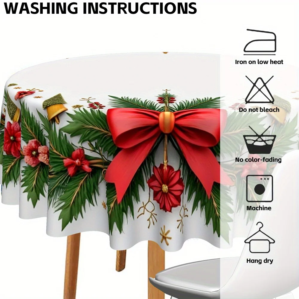 1 Christmas tablecloth, pine, potted red, red bow - easy to clean round tablecloth, suitable for families, parties