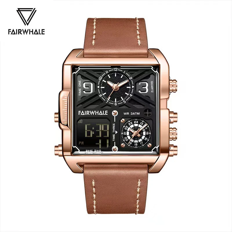 Luxury Quartz Watches Men Brand Mark Fairwhale Fashion Multifunctional Leather Strap Clock Military Square Electronic Wristwatch