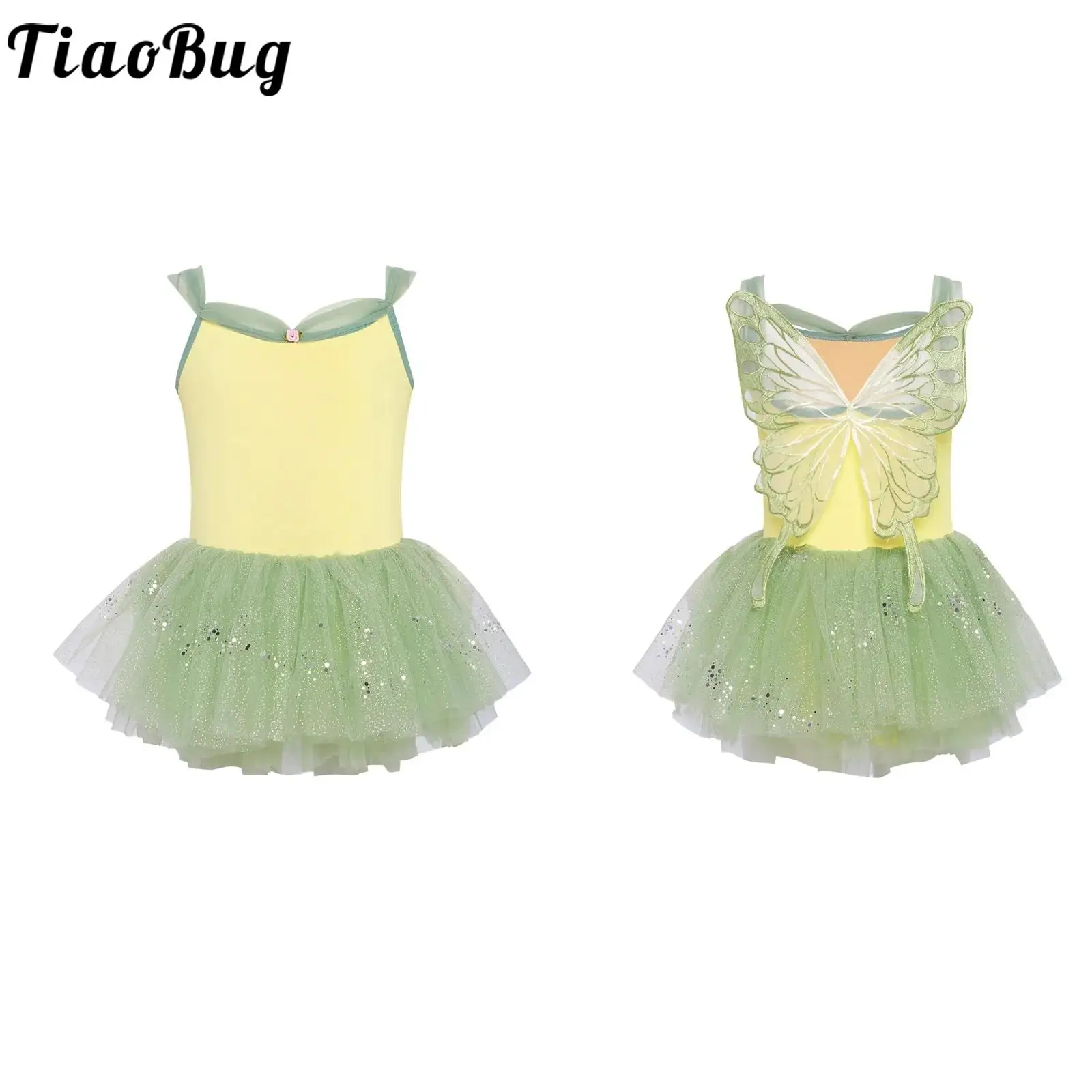 

Girls Tutu Ballet Dance Performance Costume Outfit Classical Dance Set Sleeveless Butterfly Back Leotard and Sequins Tulle Skirt