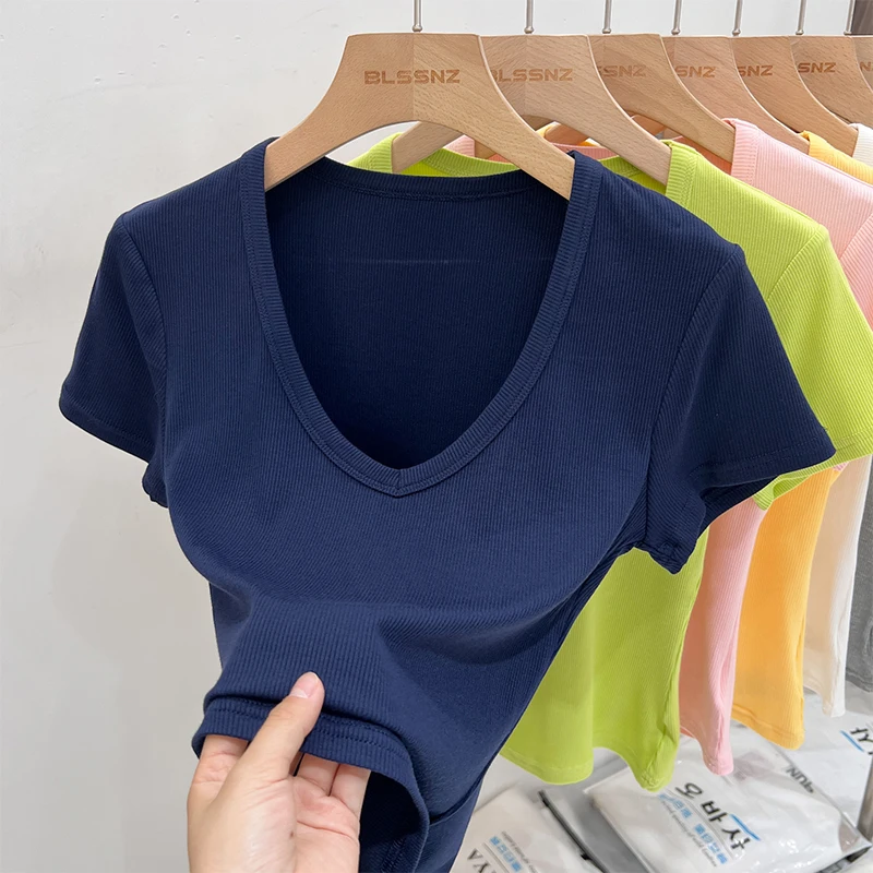 2025 Zomer Sexy Basic Crop Top Vrouwen Geribbelde Korte Mouw T-shirts Casual V-hals Solid Slim Fit Tee Vrouwelijke Y2K Tops kleding