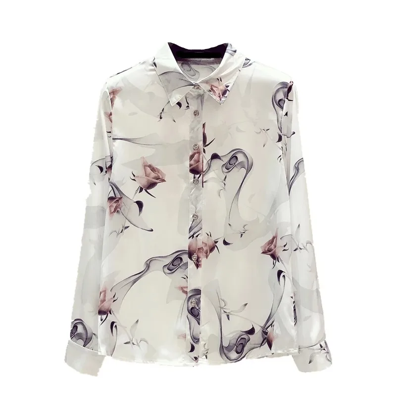 Satin Women\'s Shirt Spring/Summer Printing Vintage Blouses Loose Floral Women Top Long Sleeve Fashion Clothing 2024 Korean