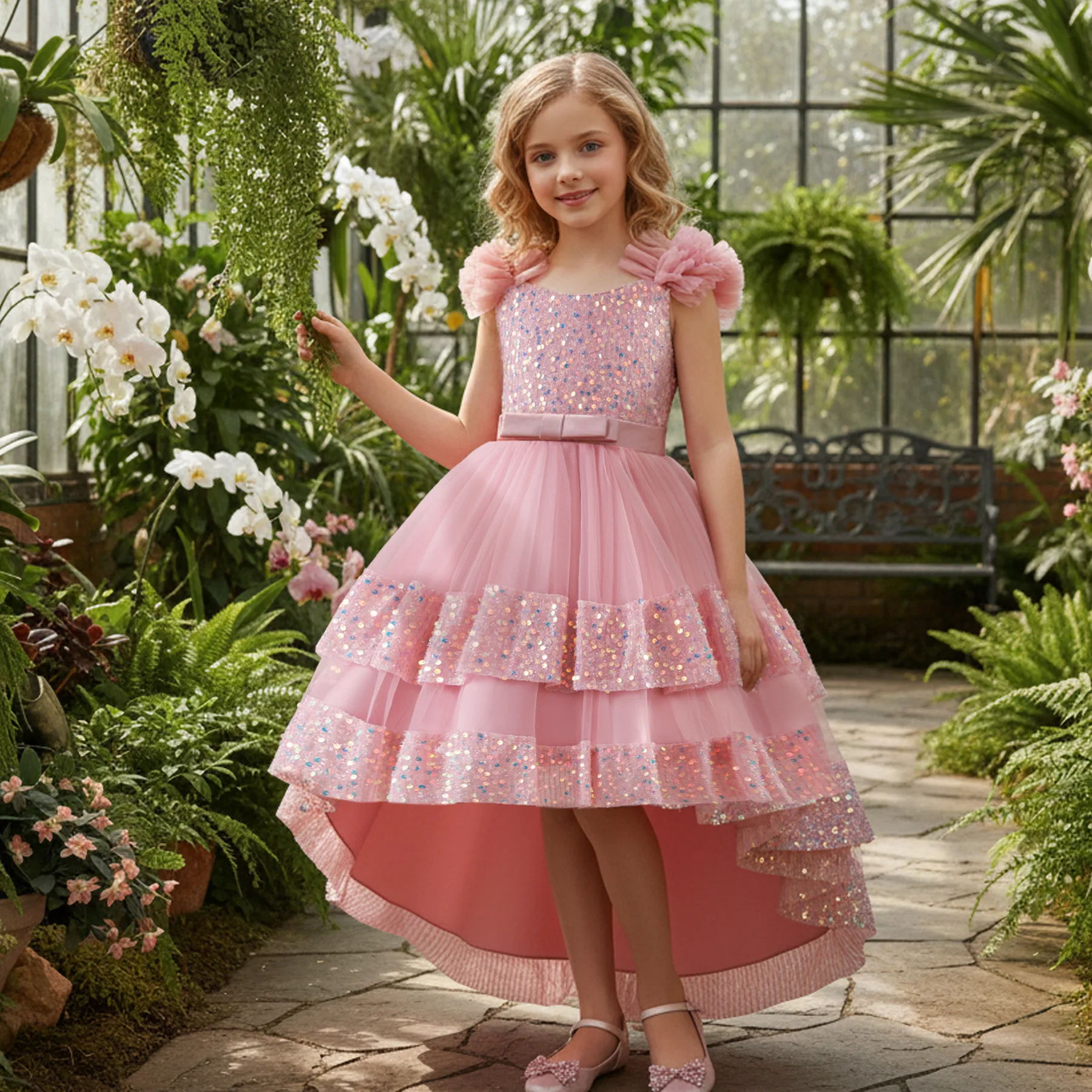 Elegant girl party dress with small fly sleeves, summer sequin trailing dress, carnival Christmas dress, children's clothing