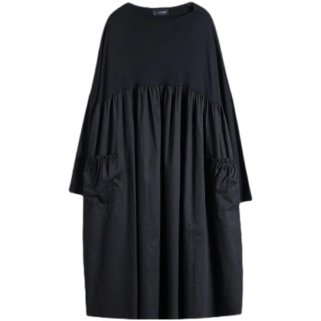 

Весеннее черное платье в кукольном стиле с высокой талией для женщин больших размеров, свободное утягивающее ретро-платье с длинными рукавами