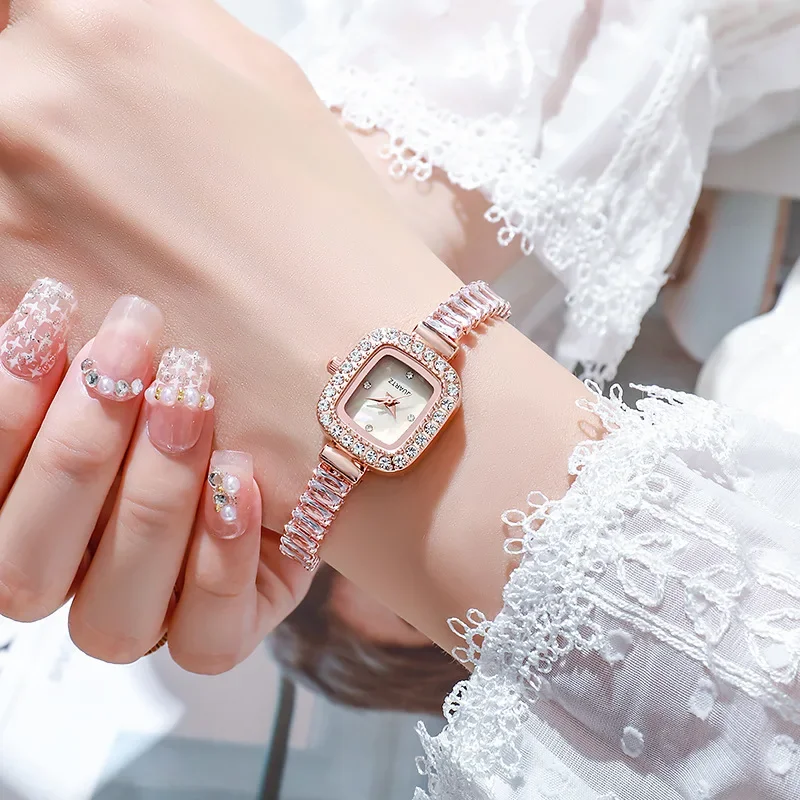 6 pieces/set of fashionable crystal watches for women with small square dials, quartz watches for women, jewelry set for women