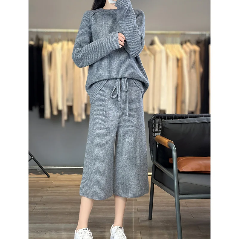 Women's Autumn Winter round Neck Loose Knit Sweater Shorts Drawstring 2-Piece Set 100% Merino Wool plus Size Thickened Ensemble