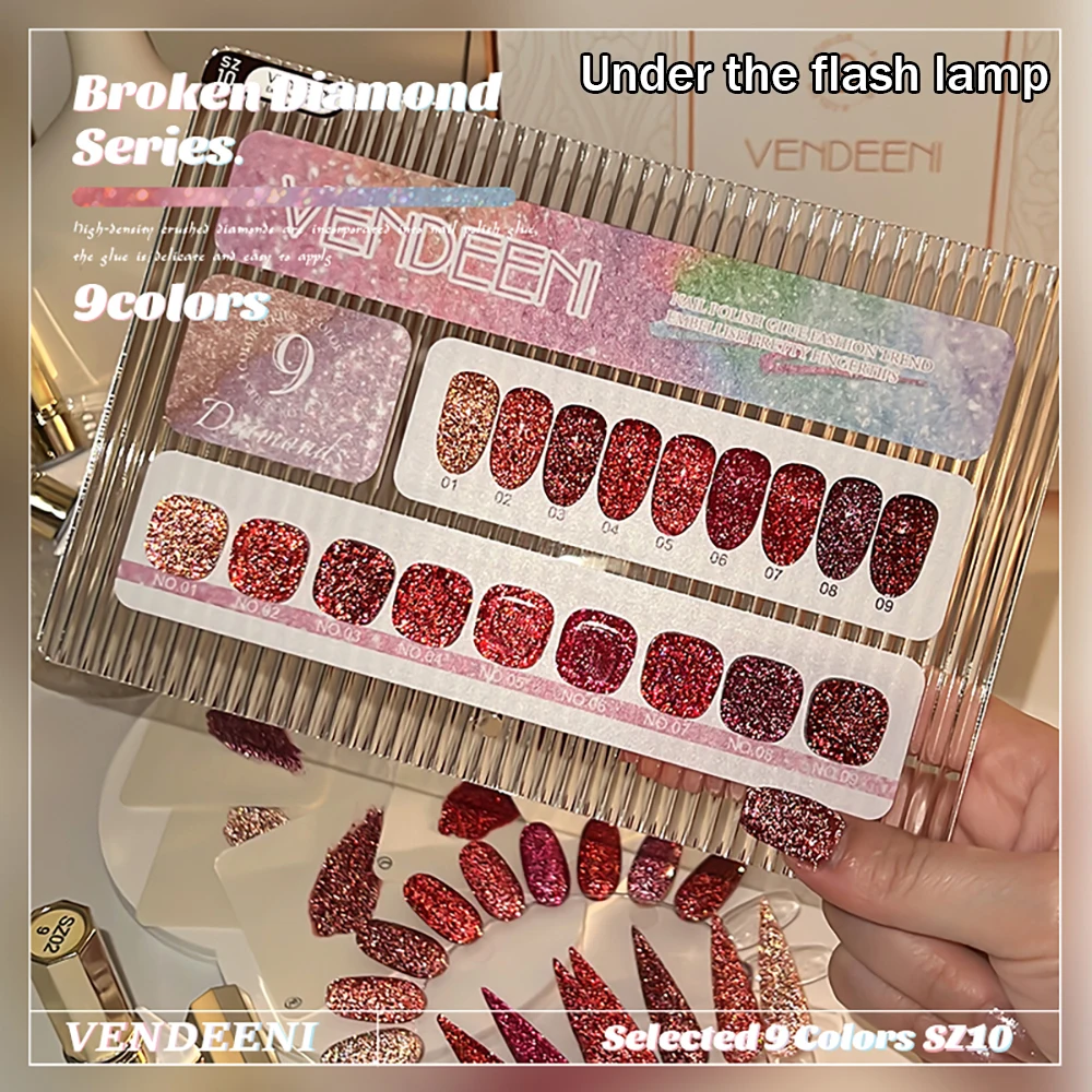 Vendeeni 9 Farben/Set Roter Glitzer-Broken-Diamond-Gel-Nagellack TPO HEMA-FREI Glitzer UV LED Soak-Off Gel-Lack mit Display – Detail 7